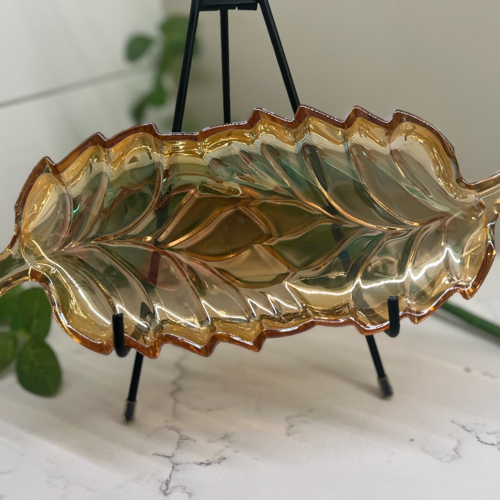 Vintage Carnival Glass Leaf Dish, Iridescent